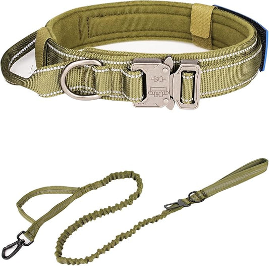 KCUCOP Tactical Dog Collar, Heavy Duty Dog Collar with Handle and Metal Buckle, Military Thick Dog Collars for Medium and Large Dogs(Green-Reflective Set-L, 1 Patch)