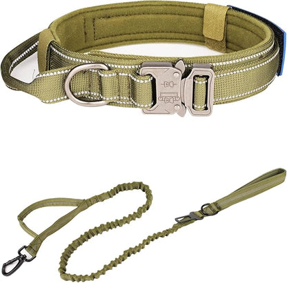 KCUCOP Tactical Dog Collar, Heavy Duty Dog Collar with Handle and Metal Buckle, Military Thick Dog Collars for Medium and Large Dogs(Green-Reflective Set-M, 1 Patch)