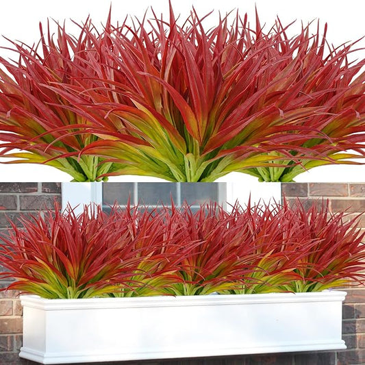 16Pcs Artificial Grass Fake Plants 17.3in Outdoor Plants UV Resistant Greenery Stems Fake Grass for Home Window Garden Office Patio Pathway Front Porch Décor Light Green & Red