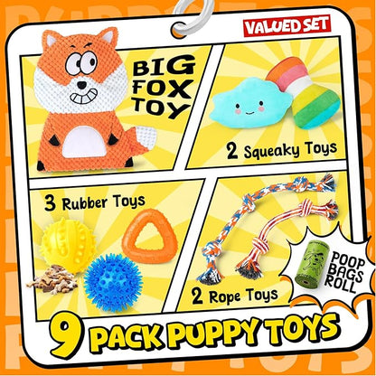 Zeaxuie 9 Pack Puppy Toys for Teething, Puppy Chew Toys with Cute Squeaky Dog Toys, Treat Ball and Rope Dog Chew Toys for Small Dogs, Hold a Bottle