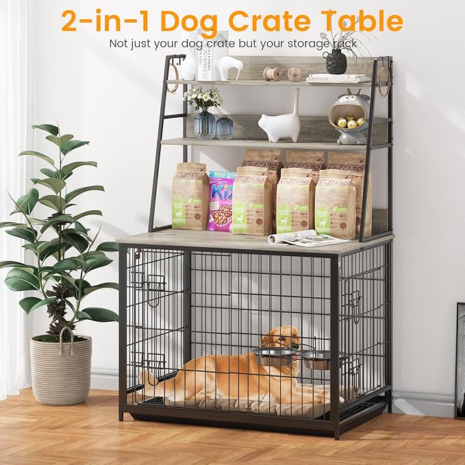 IDEALHOUSE Dog Crate Furniture,Flip-up Top Pet Crate Furniture,Indoor End Table Dog Cage with 3-Layer Storage Shelves,Dog Crates for Medium Dogs,Dog Kennel Furniture with Adjustable Bowls,Grey