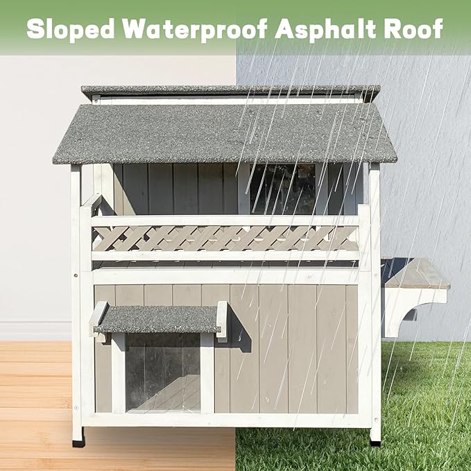 2-Story Outdoor Large Cat House with Patio, Weatherproof Wooden Feral Shelter for Indoor & Outdoor, Openable Roof, Escape Safe Doors, 2 PVC Door Strip, 2 Platforms