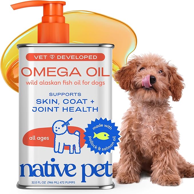 Native Pet Omega 3 Fish Oil for Dogs & Cats - Promotes Healthy Skin, Shiny Coat & Strong Joints - Made with Wild Alaskan Salmon Oil for Dogs  Tasty, Fast-Absorbing Omega 3 6 9 Liquid Supplement-32oz