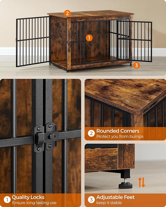 Feandrea Dog Crate Furniture, 38.6" Side End Table, Modern Kennel for Dogs Indoor up to 70 lb, Heavy-Duty Dog Cage with Enclosed Base, Double-Door Dog House, Rustic Brown UPFC023X01