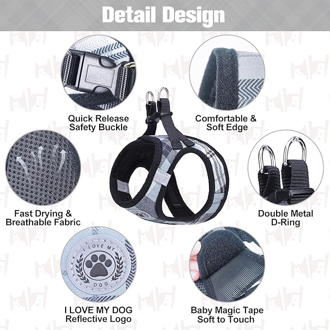 BEAUTYZOO Small Dog Harness and Leash Set,Step in No Chock No Pull Soft Mesh Dog Harnesses Reflective for Extra-Small/Small Medium Puppy Dogs and Cats, Plaid Dog Vest Harness for XS S Pets, Grey XS