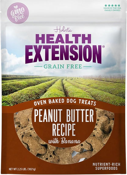 Health Extension Oven-Baked Dog Treats, 2.25lb (1.02kg), Peanut Butter & Banana Recipe  Gluten & Grain-Free, Superfood-Infused, Crunchy Biscuits for Puppy Training