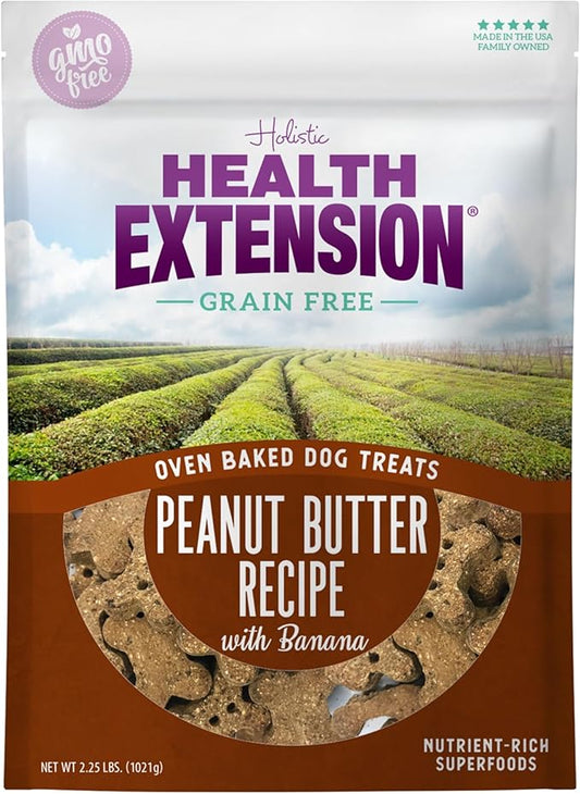 Health Extension Oven-Baked Dog Treats, 2.25lb (1.02kg), Peanut Butter & Banana Recipe  Gluten & Grain-Free, Superfood-Infused, Crunchy Biscuits for Puppy Training