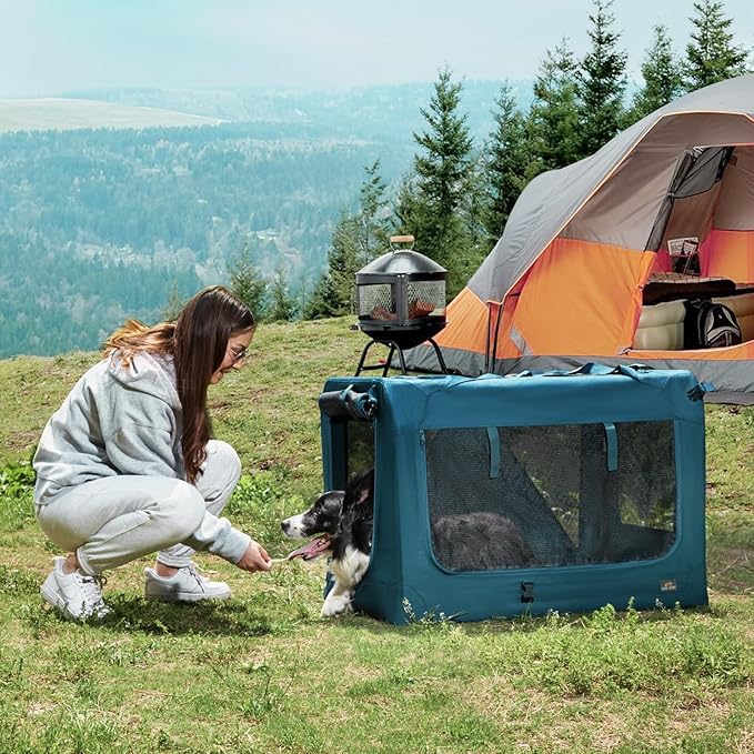 28 Inch Collapsible Soft Large Dog Crate, 3 Door Portable Dog Crates for Large Dogs, Soft Sided Dog Kennel with Chew Proof Mesh Windows, Dog House Indoor & Outdoor, Travel Dog Crate