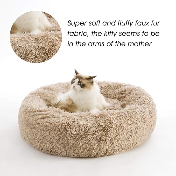 Calming Dog Bed & Cat Bed, Anti-Anxiety Donut Dog Cuddler Bed, Warming Cozy Soft Dog Round Bed, Fluffy Faux Fur Plush Dog Cat Cushion Bed for Small Medium Dogs and Cats (20"/24"/27"/30")