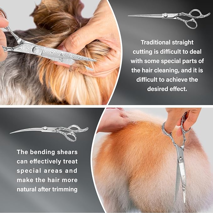 Dog Grooming Scissors,Silver with Safety Round Tips,5 in 1 Curved Dog Scissors for Grooming,Professional Pet Grooming Shears Set for Dogs and Cats