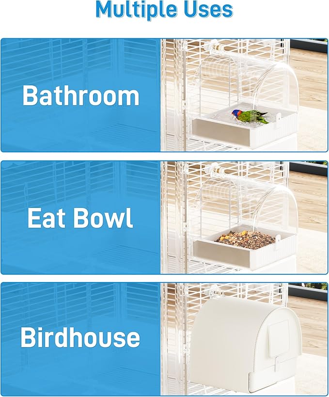 BUCATSTATE Hanging Bird Bath for Cage with Cover, 3 in 1 Multifunction Bird Bath/Bowl/House, Bird Cage Accessories Suitable for Small to Medium Birds, Like Lovebirds, Finches, Parakeets, Mannikin