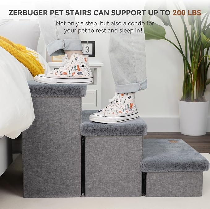 Dog Stairs with Furry Lids 17.5" H, 3-Step Wider Dog Steps with Storage for Small/Medium/Large Dogs Cats, Folding Sturdy Pet Stairs Climbing Bed or Sofa, Dog Ramp for Car Hold Up to 200 lbs, Grey