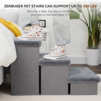 Dog Stairs with Furry Lids 17.5" H, 3-Step Wider Dog Steps with Storage for Small/Medium/Large Dogs Cats, Folding Sturdy Pet Stairs Climbing Bed or Sofa, Dog Ramp for Car Hold Up to 200 lbs, Grey