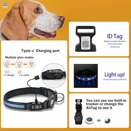 AirTag Pet Dog Tracker Collar & Equipped with Tracker; LED Light Up Collar;Built-in QR Dog Tag & AirTag Holder; No Monthly Fees; Adjustable Size (Blue Color).