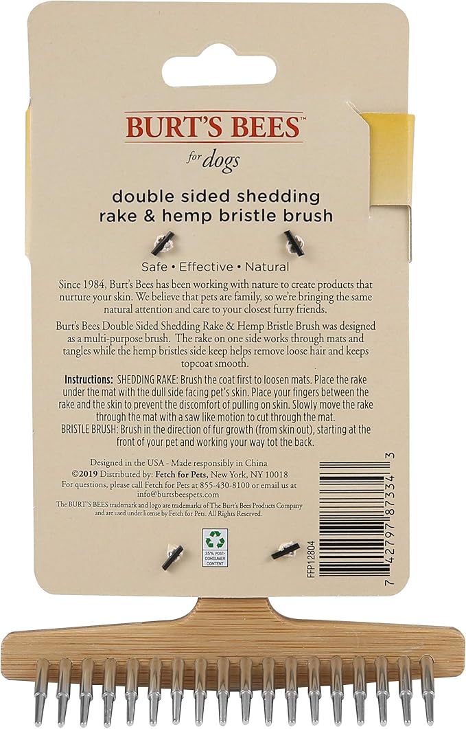 BURT'S BEES FOR PETS Brown Oblong Double Sided Dog Brush - All Hair Types, Unisex, 0.2 lbs, Hemp Bristle for Detangling, Shedding Rake for Mats Removal