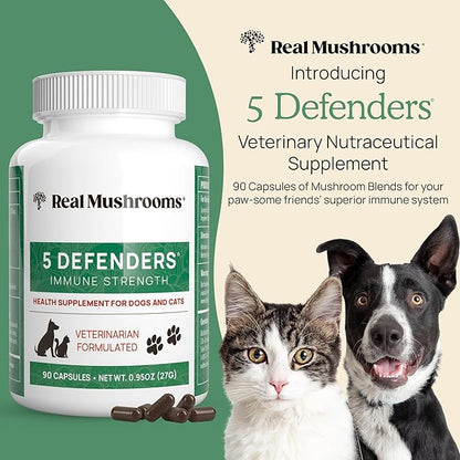 5 Defenders Mushroom Supplement for Cats & Dogs – Chaga, Shiitake, Reishi, Turkey Tail, Maitake – Cat Multivitamin & Dog Supplement for Wellness Support– 90 ct Real Mushrooms Powder Capsules