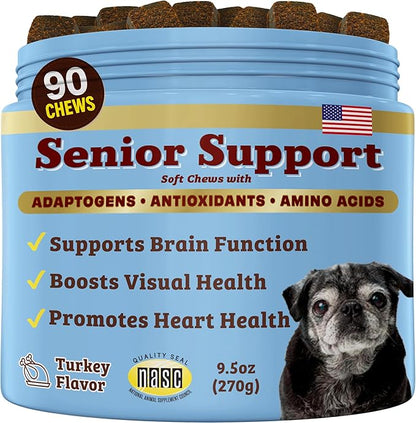 Natural Dog Company Senior Dog Vitamins Chew for Brain, Heart & Eye Health - Cognitive Support, Vision Clarity & Cardiovascular Function with Omega-3s, Lion’s Mane Senior Dog Supplements, 90 cnt