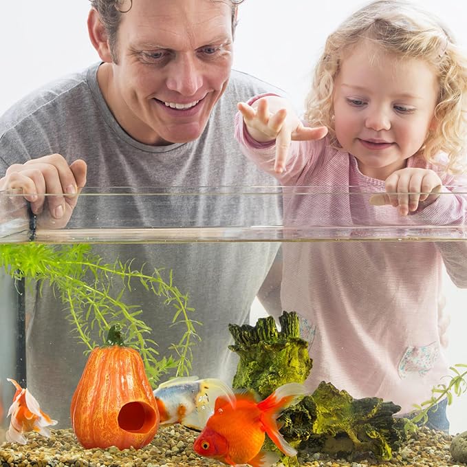 POPETPOP Resin Pumpkin Aquarium Décor Ornaments, Fish Tank Safe Decorations, Small Turtles Hiding Hole Cave, Table Decor Reptile Box Shelter Habitat -Thin Pumpkin