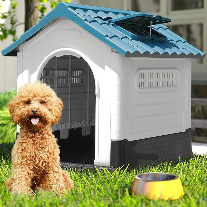 DWVO 26.8'' Plastic Foldable Dog House for Small Dogs, Waterproof Folding Pet House with Adjustable Top Window and Elevated Base (26.8''L x 22.4''W x 26''H)