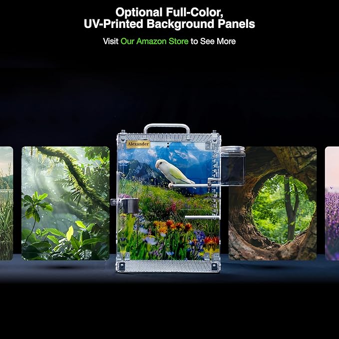 GuineaLoft Custom Acrylic Bird Cage (Model-ET2) - Crystal Clear, Small, Medium, Large Cages for Birds, Custom Made, Optional Personalized Name Plate, Background, Accessories, Visit GuineaLoft Store