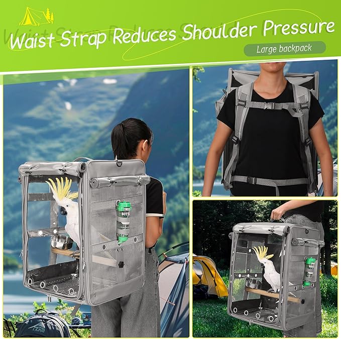 Suertree Bird Carrier Travel Cage, Cockatoo Carrier, Parrot Travel Backpack with Unbreakable Stainless Steel Mesh, Perch, Water Bottle and Food Bowl, X-Large Grey