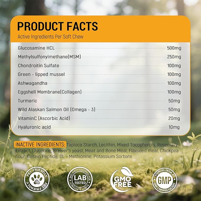 Hip and Joint Chews for Senior Dogs with Glucosamine HCL, Chondroitin, Green-lipped Mussel, Ashwagandha for Anti Inflammatory, Mobility Support, Muscle Maintenance, Joint Comfort 120 Ct