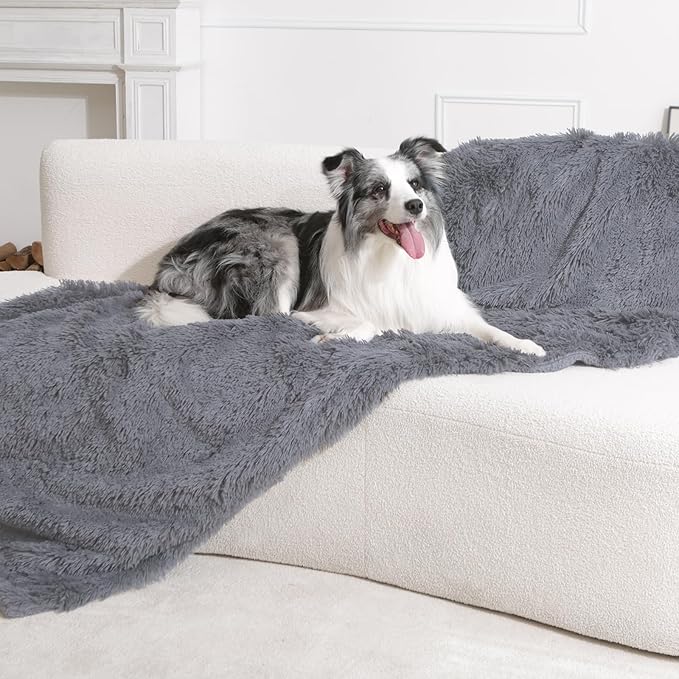 gogobunny Waterproof Dog Blanket for Large Dogs, Cats, Puppy, Reversible Faux Fur Pet Throw Blanket, Washable, Calming Furniture Protection for Sofa Bed (60x80 Inch (Pack of 1), Light Grey)