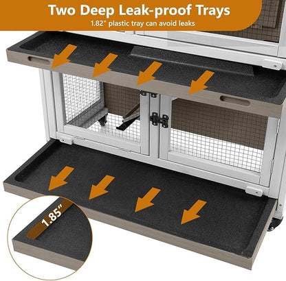 2 Story Rabbit Hutch Indoor with 2 Deeper Pull-Out Trays, Wooden Rabbit Cage with 4 Lockable Wheels, Ramp, Chew-Anti Metal Strip for Rabbit, Guinea Pig, Hamster(36" L x 17.8" W x 36.7" H)