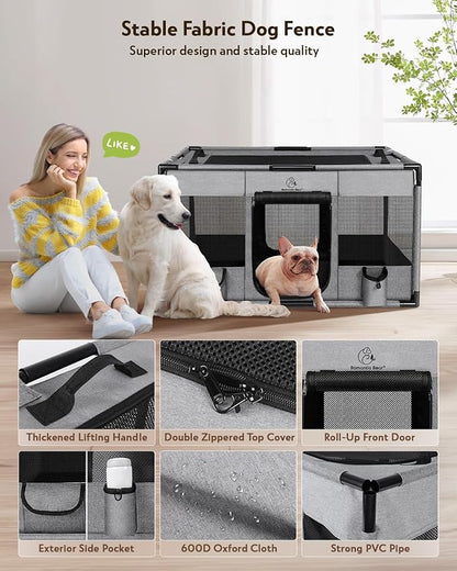 Dog Playpen,Fabric Fence, Portable Soft Cat Kennel Crate,Breathable Exercise Puppy Pen,PVC Pipe Frame,Indoor Outdoor Cage for Large/Medium/Small Animals with Carrying Case(L)