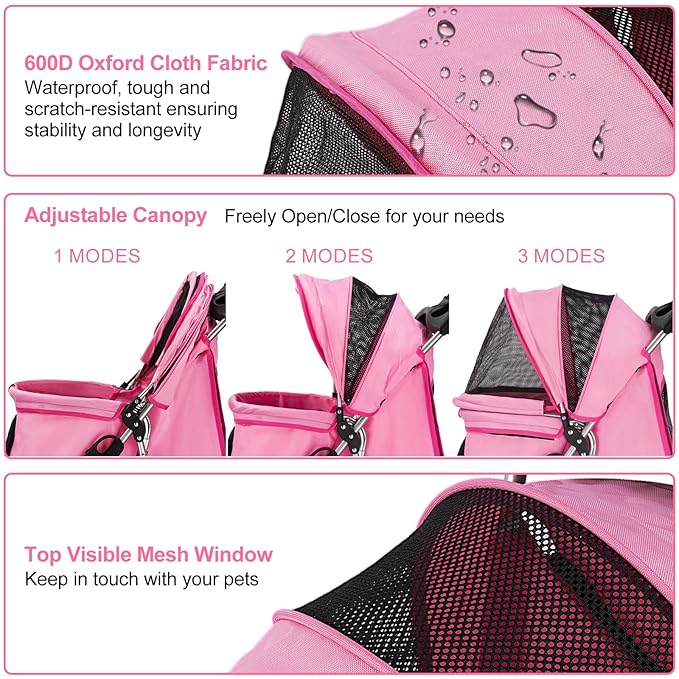 Dog Stroller for Small Dogs, Portable Pet Stroller for Cats Folding Puppy Stroller Lightweight Dog Cat Cage Jogger Stroller with Storage Basket and Cup Holder, 3 Wheels, Pink