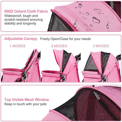 Dog Stroller for Small Dogs, Portable Pet Stroller for Cats Folding Puppy Stroller Lightweight Dog Cat Cage Jogger Stroller with Storage Basket and Cup Holder, 3 Wheels, Pink