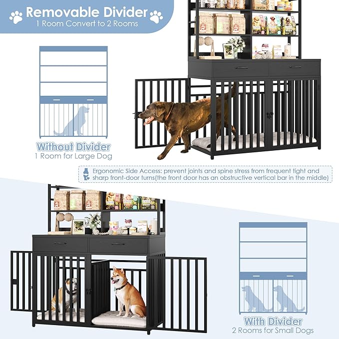 Keyluv 71''H x 47.2''W Large Dog Crate Furniture with 4-Tier Shelves and 2 Storage Drawers, Heavy Duty Dog Cage Furniture with 2 Doors, Wood & Metal Dog Kennel Indoor for Small/Medium/Large Dog, Black