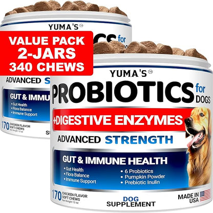 YUMA'S 2 Pack Probiotics for Dogs and Digestive Enzymes - Dog Probiotics Chews - Dog Probiotic - Anti Diarrhea, Upset Stomach & Gas Relief, Constipation, Canine Prebiotic - Pet Fiber Supplement