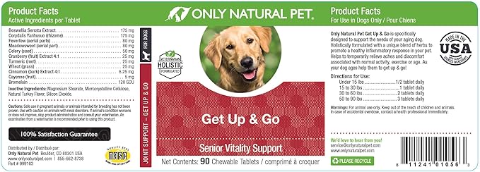 Only Natural Pet Get Up & Go Herbal Joint Support Supplement for Dogs - Holistically Formulated with Corydalis & Turmeric Hip & Joint Daily Vitamin for Senior Dog - Turkey Flavor - 90 Chewable Tablets