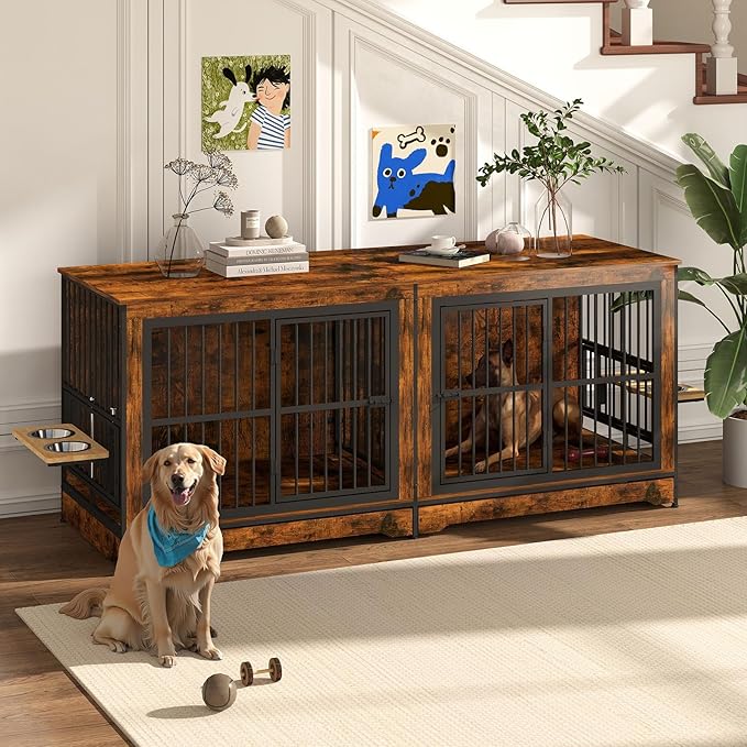 78'' Dog Crate Furniture with 4 Dog Bowls, Extra Large Double Dog Kennel with 360° Rotating and Adjustable Height Bowl Holder, Wooden Dog Crate Kennel with Divider for Dogs (Brown)