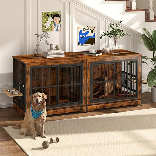 78'' Dog Crate Furniture with 4 Dog Bowls, Extra Large Double Dog Kennel with 360° Rotating and Adjustable Height Bowl Holder, Wooden Dog Crate Kennel with Divider for Dogs (Brown)
