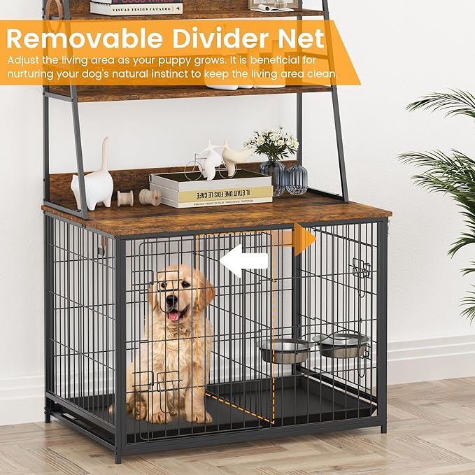 IDEALHOUSE Dog Crate Furniture,Flip-up Top Pet Crate Furniture,Indoor End Table Dog Cage with 3-Layer Storage Shelves,Dog Crates for Medium Dogs,Dog Kennel Furniture with Adjustable Bowls,Brown