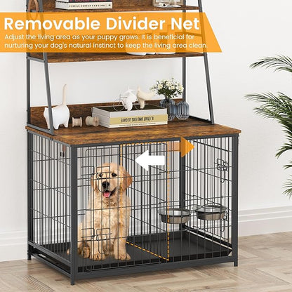 GAOMON Wooden Dog Crate Furniture with Storage Shelves,Dog Kennel Indoor with Removable Tray,Double Doors Modern Dog Crate, Dog House with Two Adjustable Stainless Steel Bowls,End Table Dog Crate