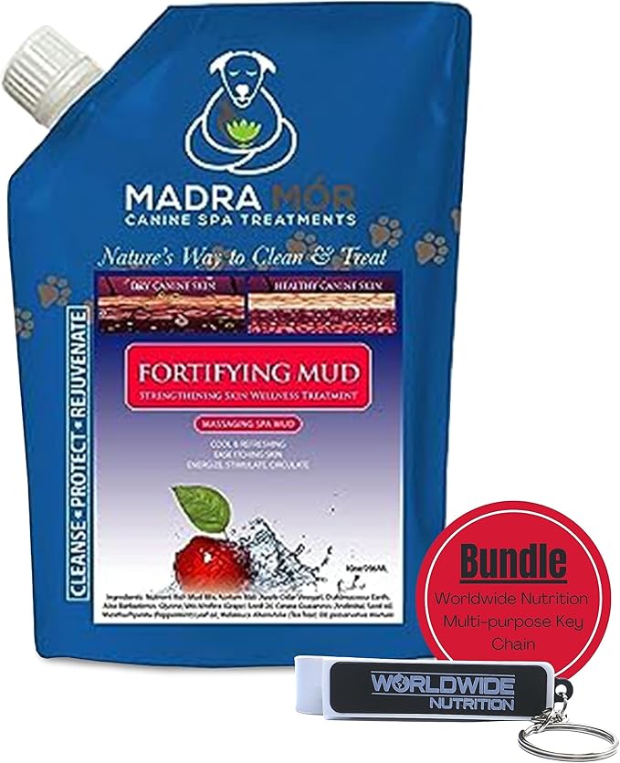 Worldwide Nutrition Bundle: Madra Mor Fortifying Mud - Dog Essentials Mud Bath, Dog Grooming, Dry Skin for Dogs Treatment, Dog Coat Skin Care Products - 10oz Pouch & Multi-Purpose Key Chain