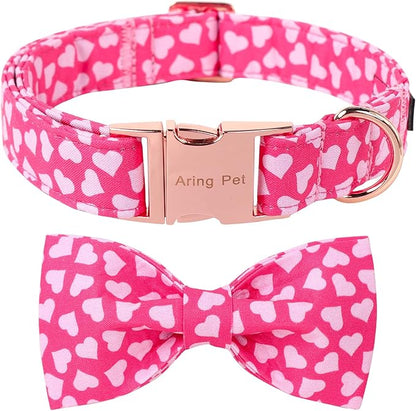 ARING PET Valentine's Day Dog Collar-Cotton Pink Heart Dog Collar with Bow, Adjustable Valentine Bowtie Dog Collars Pet Necklace with Metal Buckle for Girl&Boy Dogs