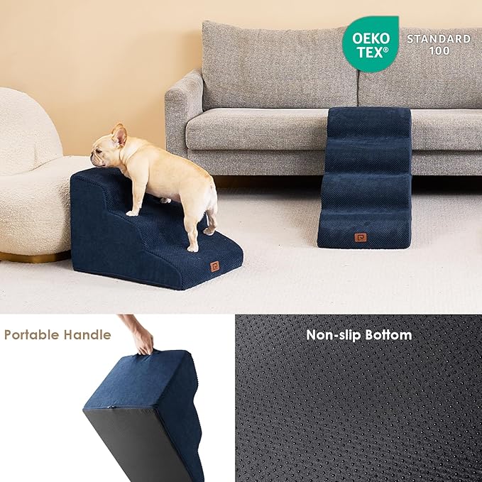 EHEYCIGA Curved Dog Stairs Ramp for Small Dogs 15.7" H, 3-Step Dog Steps for Couch Sofa and Chair, Pet Stairs for Cats, Non-Slip Balanced Pet Steps Indoor, Navy