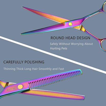 Dog Scissors for Grooming with Safety Blunt Tip, Dog Grooming Scissors Set for Pets, Professional 7 in 1 Shears for Dogs and Cats - 6CR Coated Steel (Rainbow)