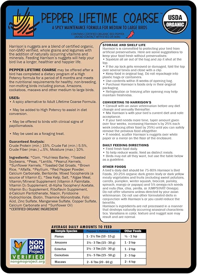 Harrison's Bird Foods Pepper Lifetime Coarse Certified Organic Non-GMO Formula Bird Food 1lb