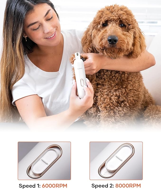 Loomla Dog Nail Grinder Upgraded - Professional 2 Speed Dog Nail Trimmers with Low Noise, USB Rechargeable Pet Nail Grinder, Paws Grooming and Smoothing for Dogs, Cats and Small Animals, White