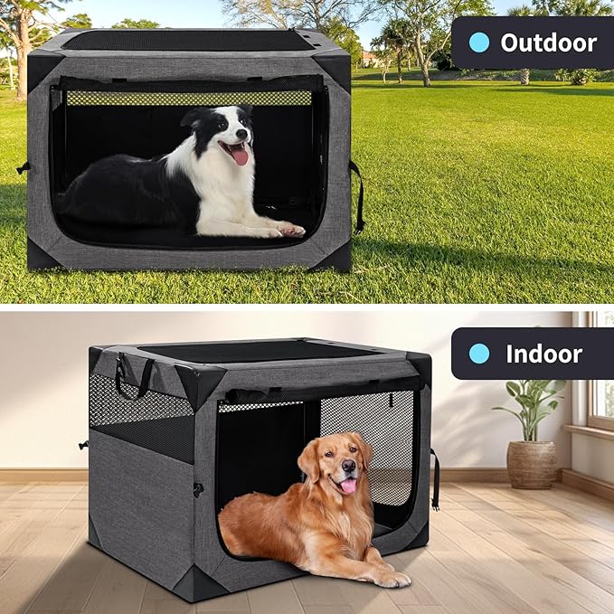 30 Inch Portable Travel Dog Crate, 3 Door Collapsible Soft Pet Kennel with Durable Mesh Windows for Medium Dogs, Foldable Dog Cage with Storage Pocket for Outdoor (Dark Grey)