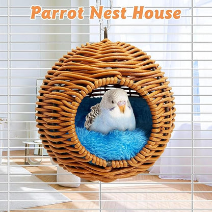 BNOSDM Rattan Bird Nest Parrot Nesting House Parakeet Hanging Swing Soft Lovebird Warm Bed Sleeping for Parrots Bird Cage Accessories for Cockatiels Budgerigars Finches Canaries (Single-Hole Style)