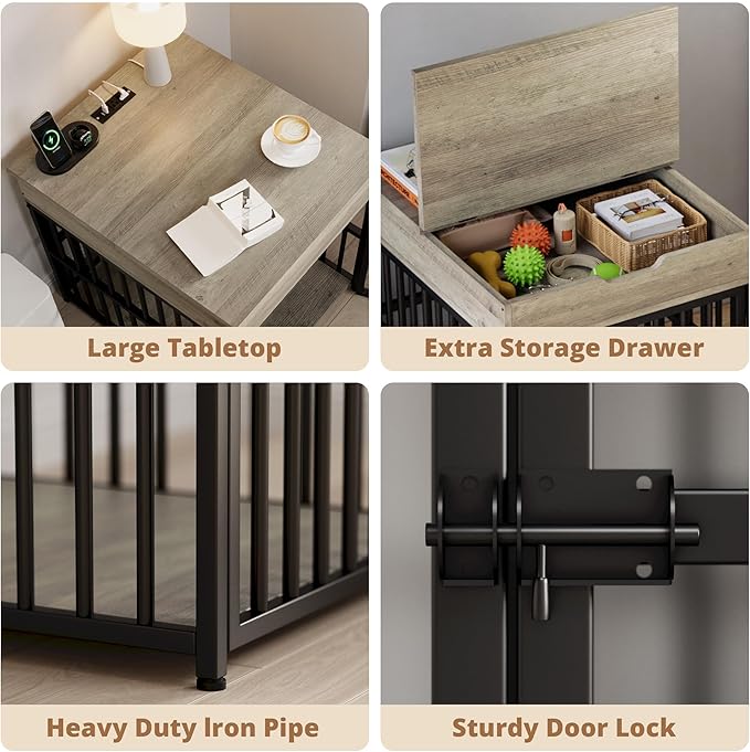 IRONCK Dog Crate Furniture for Small Dogs, Wooden Dog Kennel with Flip Top Drawer, Indoor Pet Crate End Table with Charging Station, Steel-Tube Dog Cage, Gray