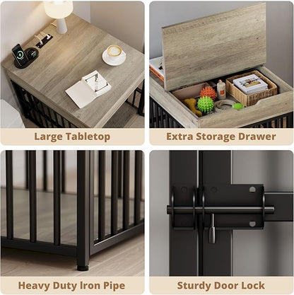 IRONCK Dog Crate Furniture for Small Dogs, Wooden Dog Kennel with Flip Top Drawer, Indoor Pet Crate End Table with Charging Station, Steel-Tube Dog Cage, Gray