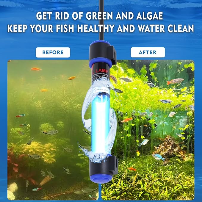 9W UVC Aquarium Light for Fish Tank and Pond – Quartz Tube Waterproof UV Lamp, Water Clarifier for Clearer Water