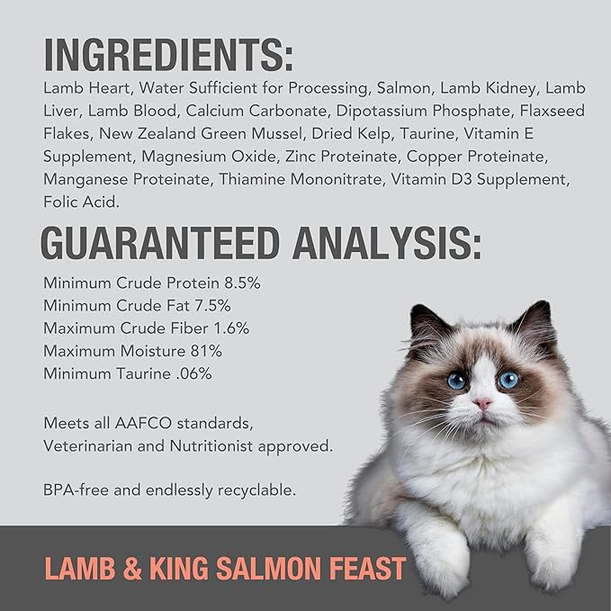 Feline Natural Wet Cat Food Pate, Lamb & King Salmon Feast, 6 Oz Cans (Pack of 12), Grain Free, Made in New Zealand with Grass-Fed, Free-Range Lamb and Sustainably Caught King Salmon